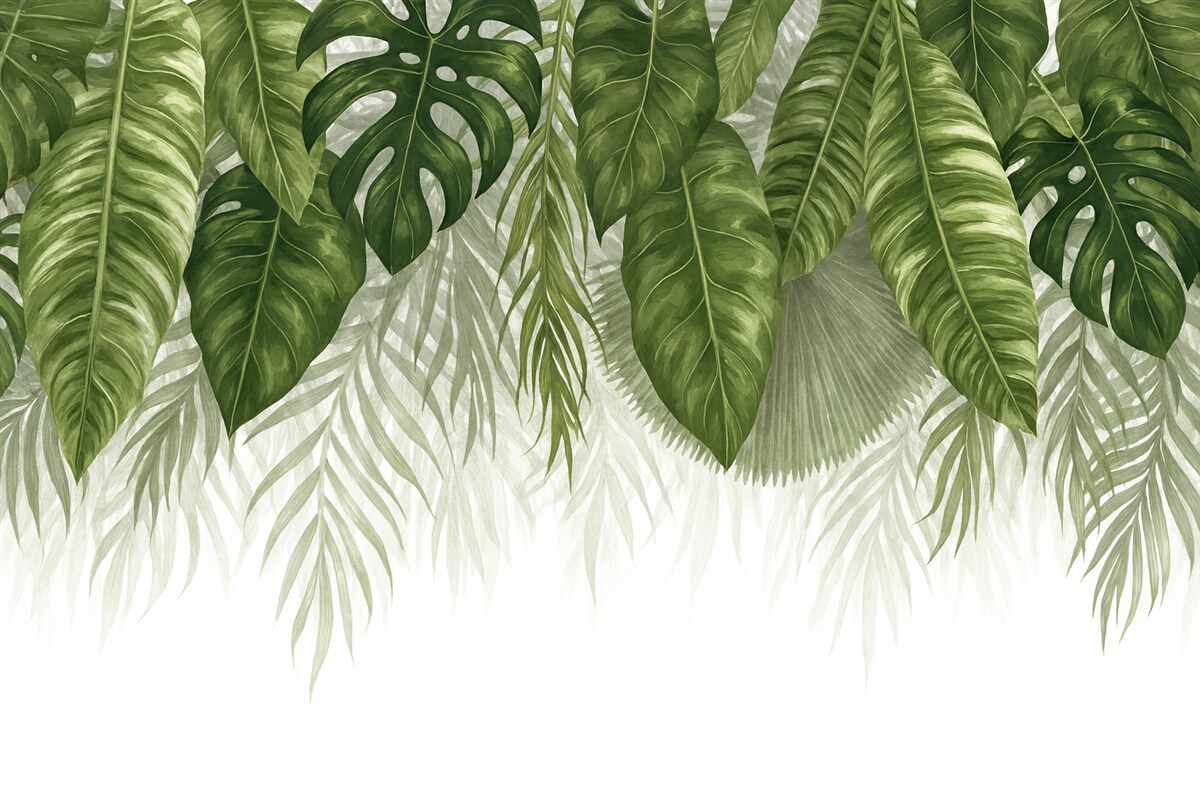 Fototapeta Tropikalne liście w różnych odcieniach zieleni, w tym spore liście monstery i palmowe liście na jasnym tle.