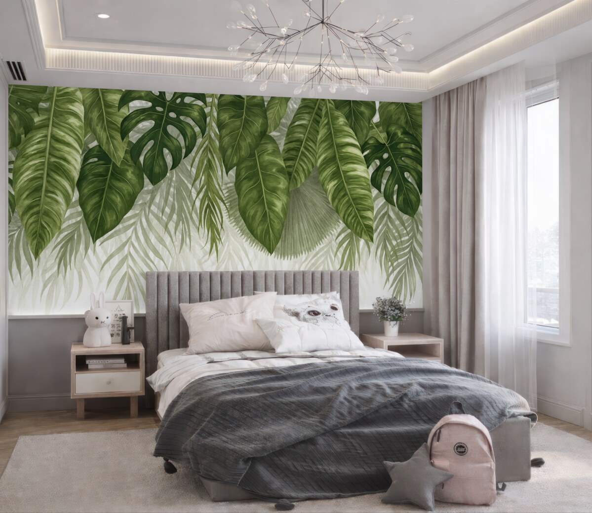 Fototapeta Tropikalne liście w różnych odcieniach zieleni, w tym spore liście monstery i palmowe liście na jasnym tle.