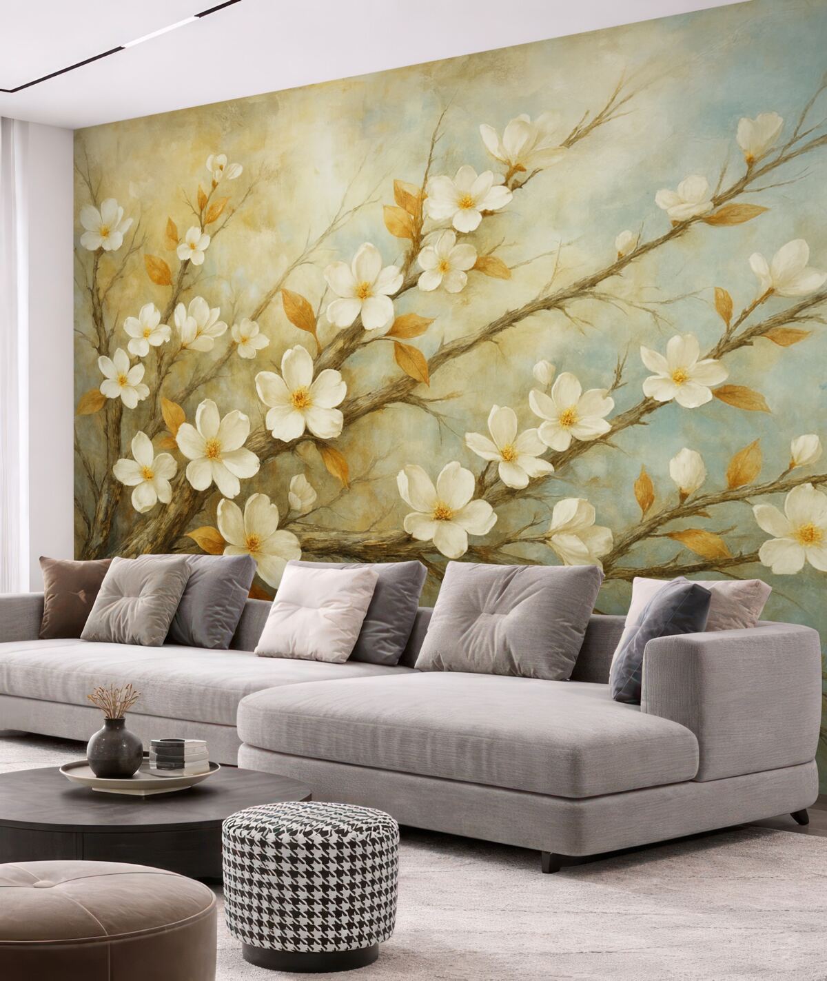 Fototapeta Białe kwiatuszki wiśni na konarach na delikatnym niebieskim i zielonym tle w stylu malarstwa olejnego.