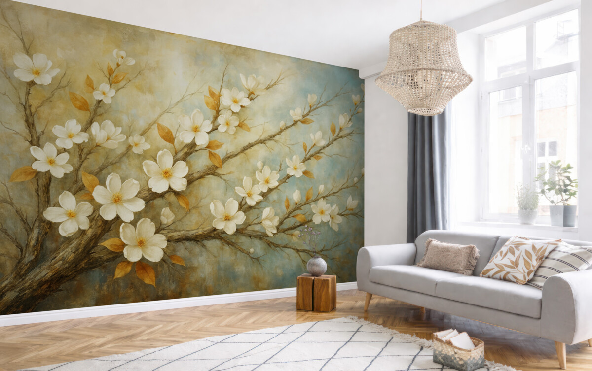 Fototapeta Białe kwiatuszki wiśni na konarach na delikatnym niebieskim i zielonym tle w stylu malarstwa olejnego.