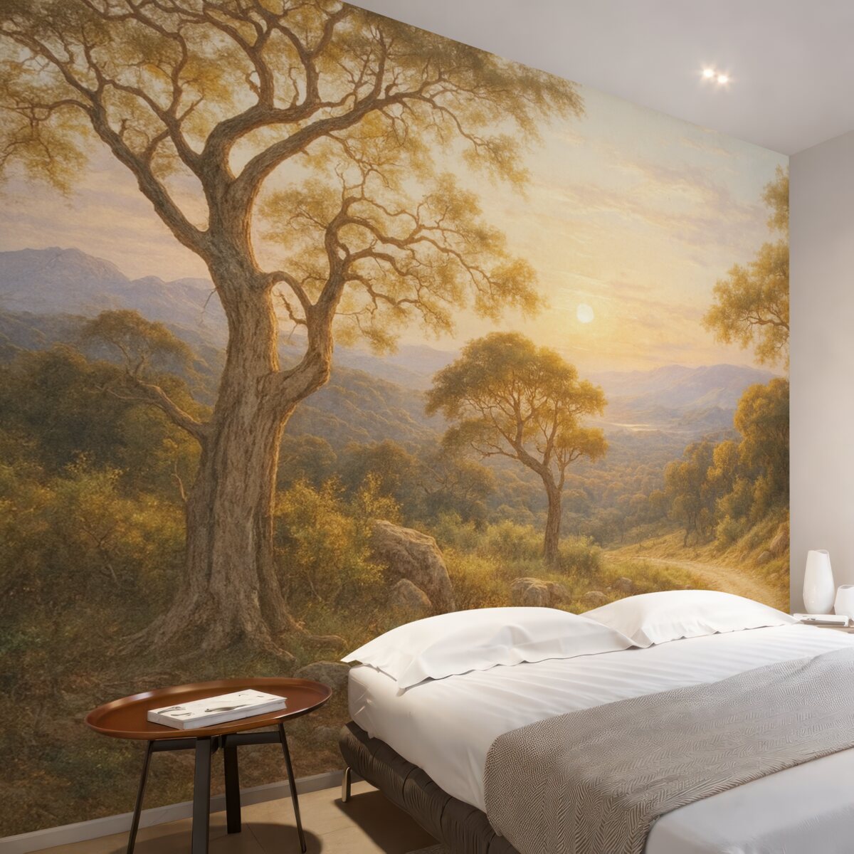 Fototapeta Kręta, wiejska ścieżka przez bujny, jesienny las z wysokimi, poskręcanymi drzewami i ciepłym słońcem.