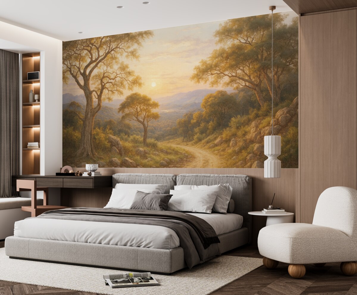 Fototapeta Kręta, wiejska ścieżka przez bujny, jesienny las z wysokimi, poskręcanymi drzewami i ciepłym słońcem.