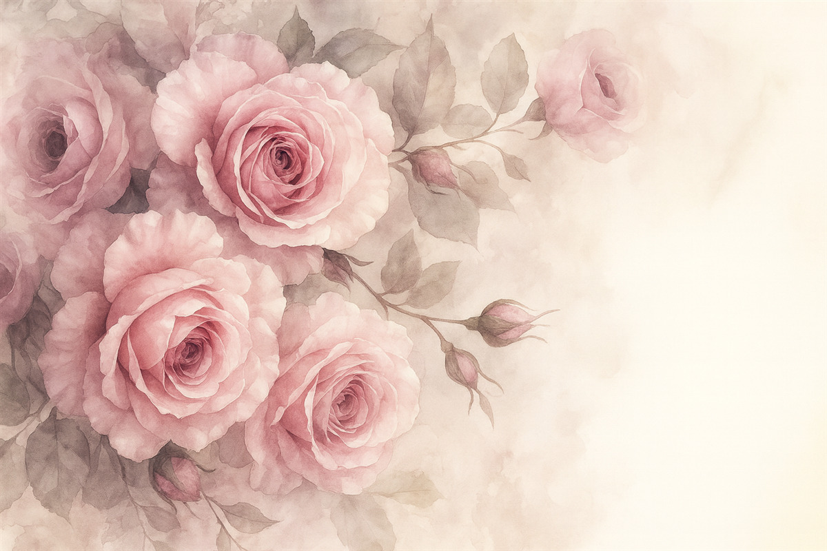 Fototapeta Subtelne pastelowe różowe róże oraz liście na tle o łagodnym, rozmytym wyglądzie przypominającym akwarelę.
