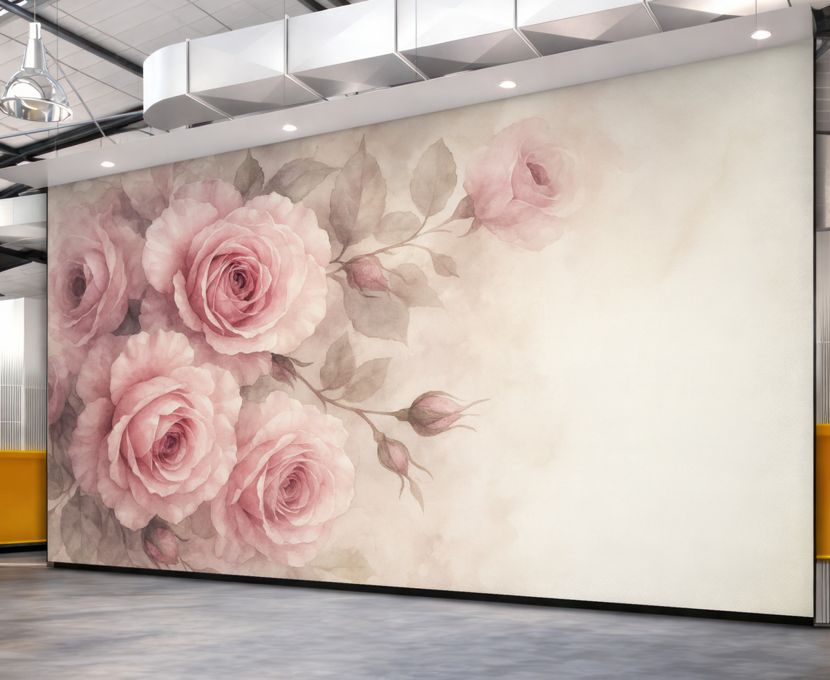 Fototapeta Subtelne pastelowe różowe róże oraz liście na tle o łagodnym, rozmytym wyglądzie przypominającym akwarelę.