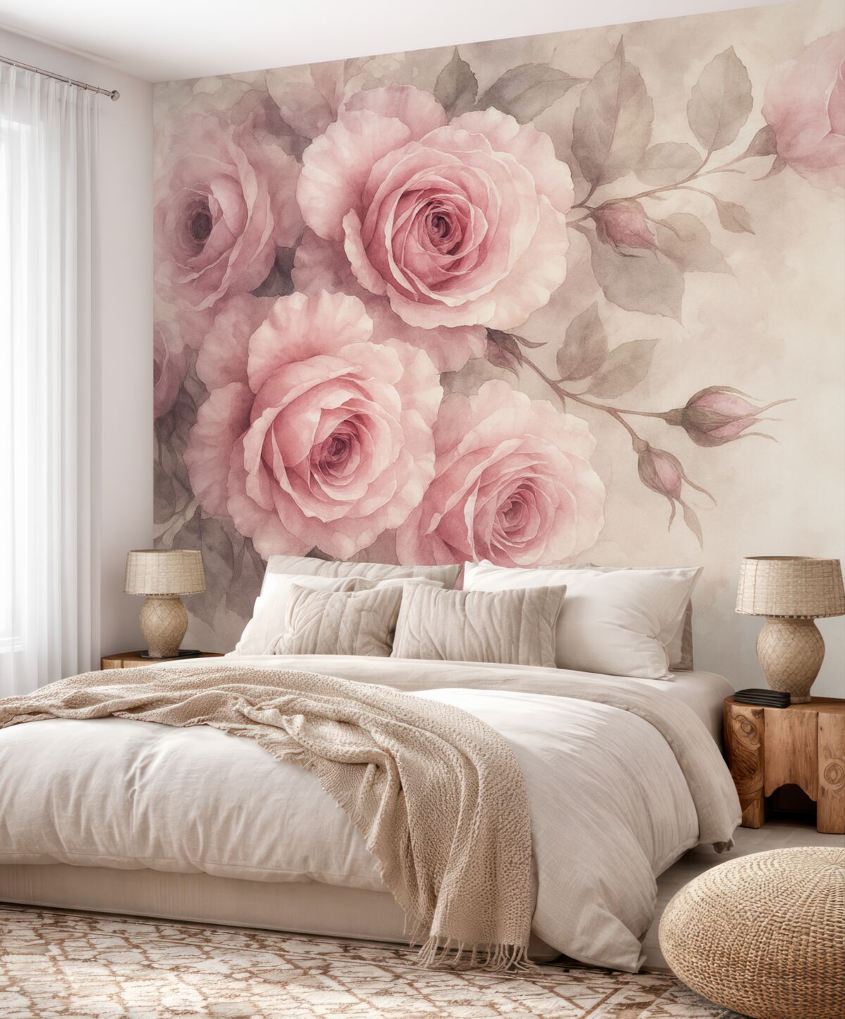 Fototapeta Subtelne pastelowe różowe róże oraz liście na tle o łagodnym, rozmytym wyglądzie przypominającym akwarelę.