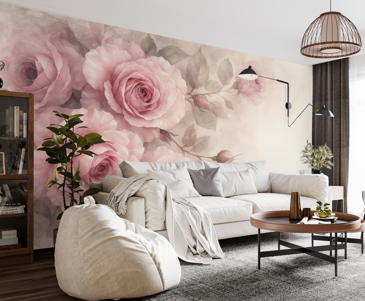 Fototapeta Subtelne pastelowe różowe róże oraz liście na tle o łagodnym, rozmytym wyglądzie przypominającym akwarelę.