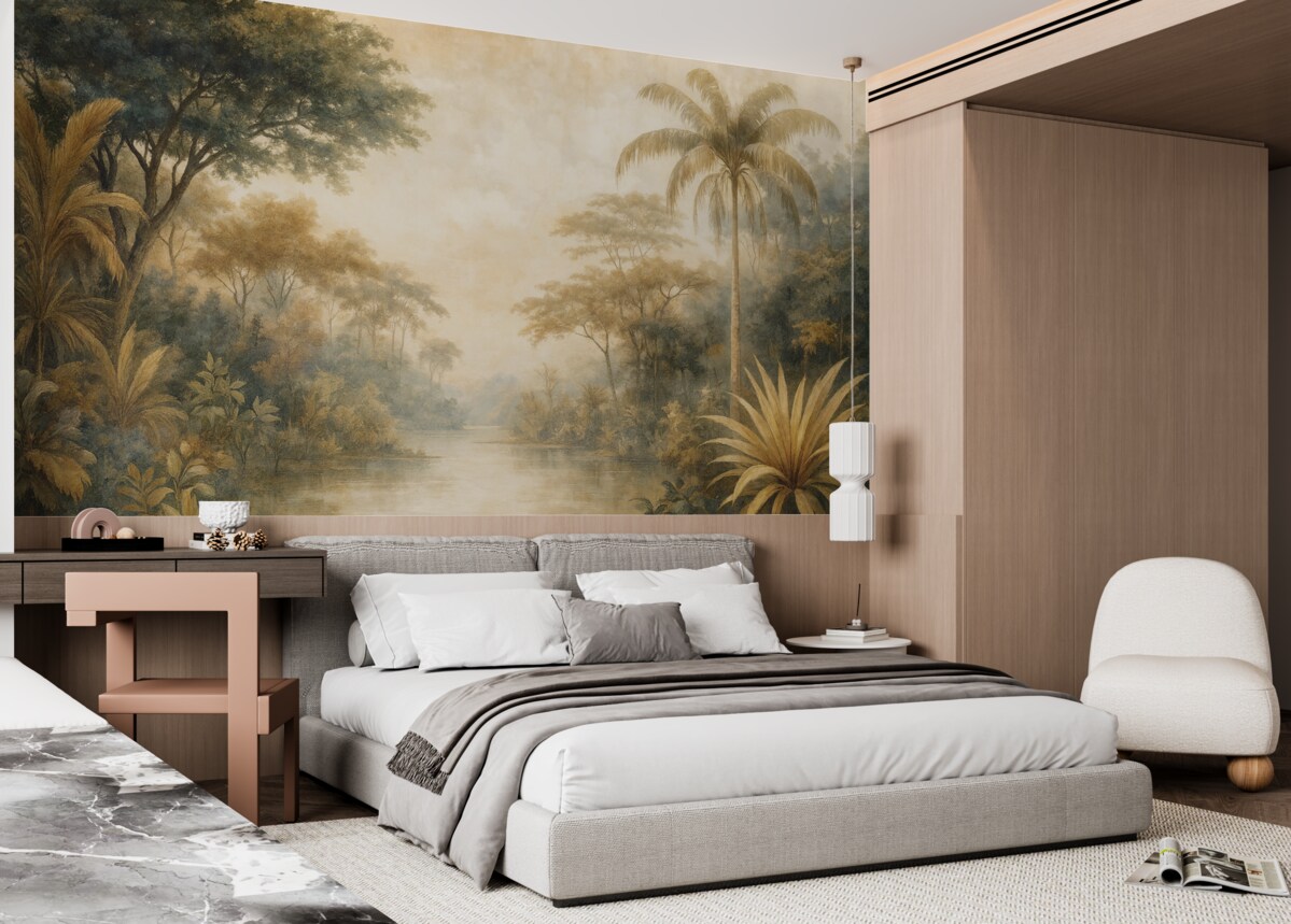 Fototapeta Teksturowany tropikalny pejzaż z cichą rzeką otoczoną zielonymi palmami, krzewami oraz innymi liśćmi.