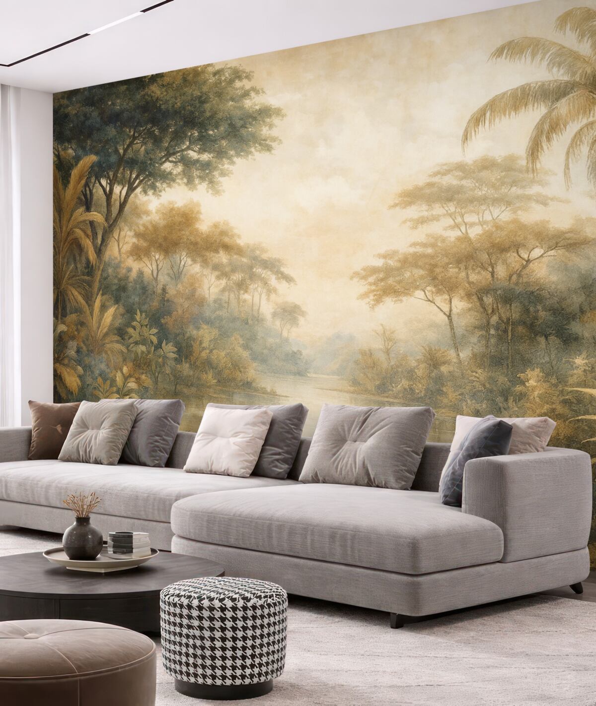 Fototapeta Teksturowany tropikalny pejzaż z cichą rzeką otoczoną zielonymi palmami, krzewami oraz innymi liśćmi.