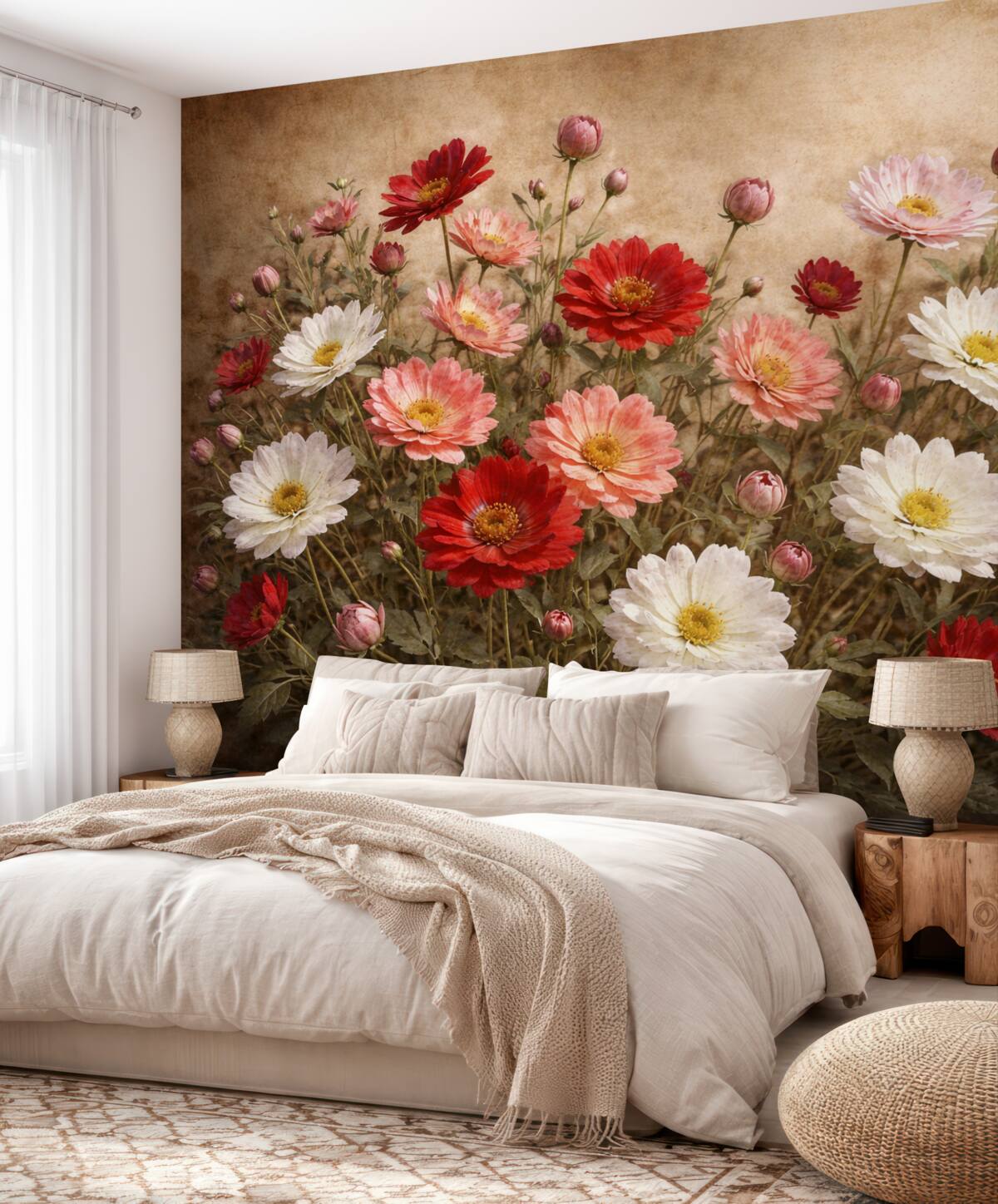 Fototapeta Łąka kolorowych kwiatów przypominających stokrotki w rozmaitych odcieniach różu, czerwieni i bieli na wzorzystym tle.