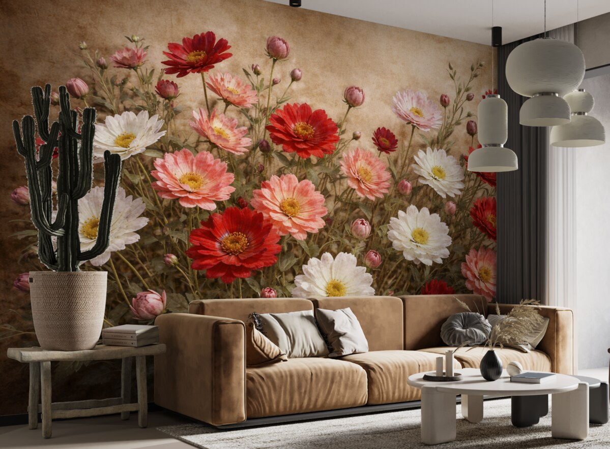 Fototapeta Łąka kolorowych kwiatów przypominających stokrotki w rozmaitych odcieniach różu, czerwieni i bieli na wzorzystym tle.