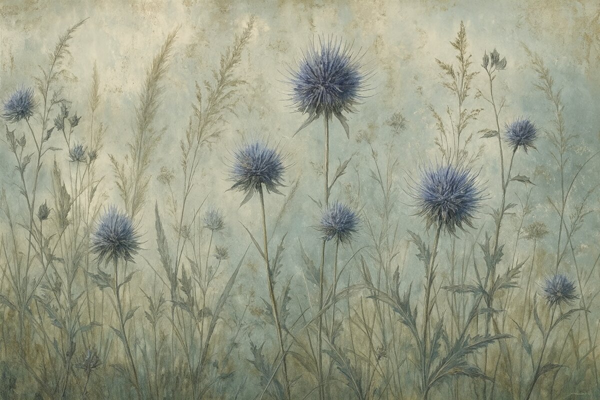 Fototapeta Łąka fioletowych kwiatów ostu z nieostrymi kwiatami i liśćmi na tkaninie o teksturze w stylu retro.