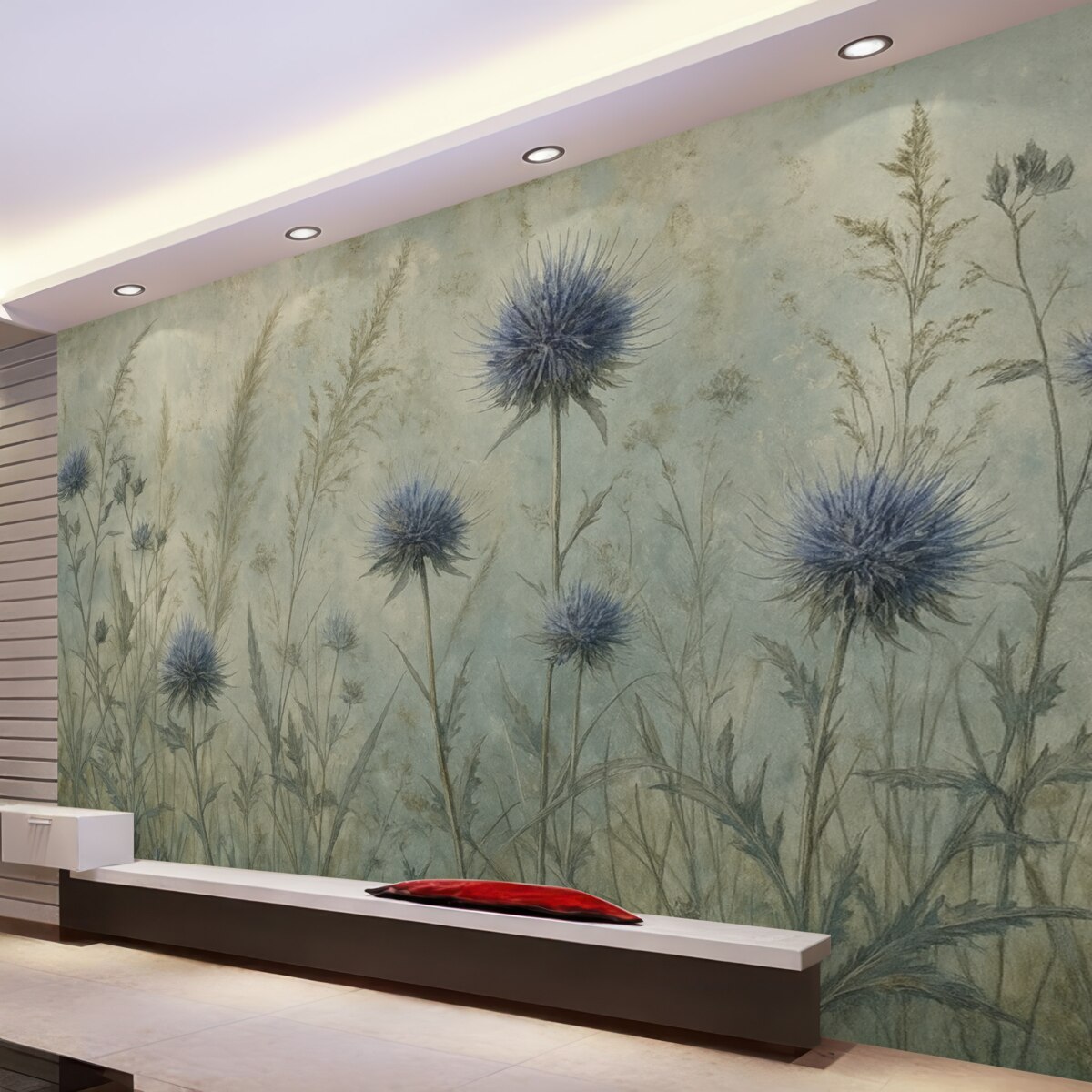 Fototapeta Łąka fioletowych kwiatów ostu z nieostrymi kwiatami i liśćmi na tkaninie o teksturze w stylu retro.