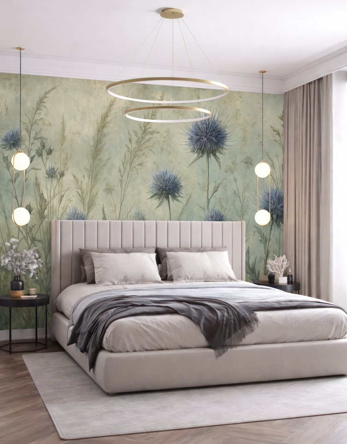 Fototapeta Łąka fioletowych kwiatów ostu z nieostrymi kwiatami i liśćmi na tkaninie o teksturze w stylu retro.