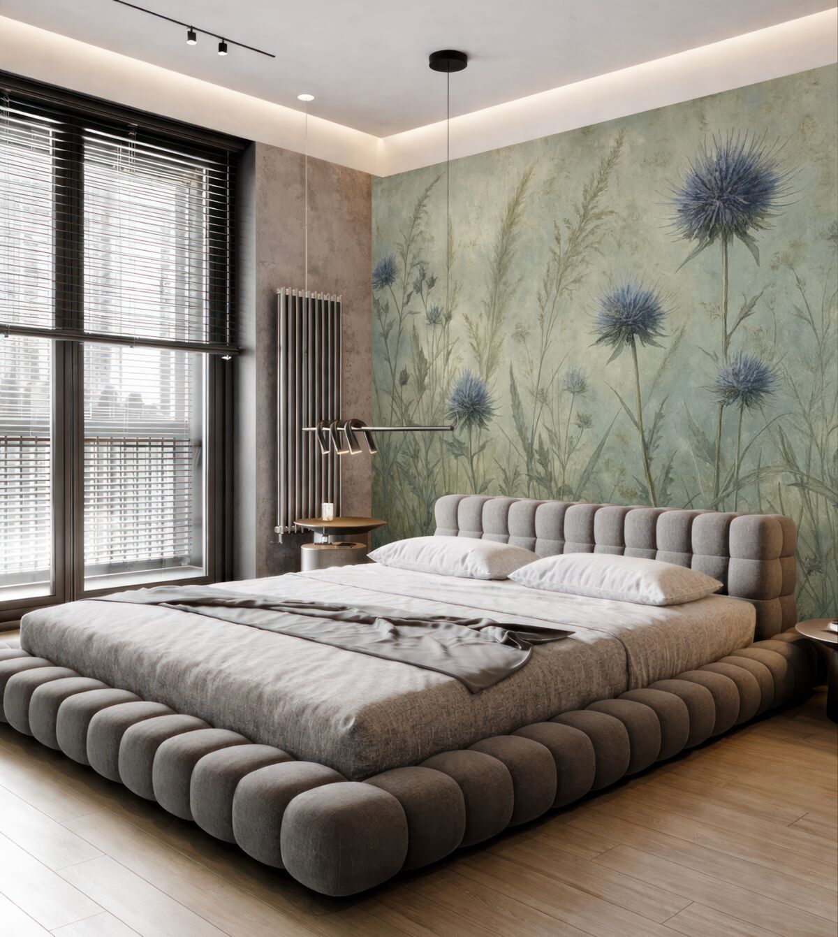 Fototapeta Łąka fioletowych kwiatów ostu z nieostrymi kwiatami i liśćmi na tkaninie o teksturze w stylu retro.