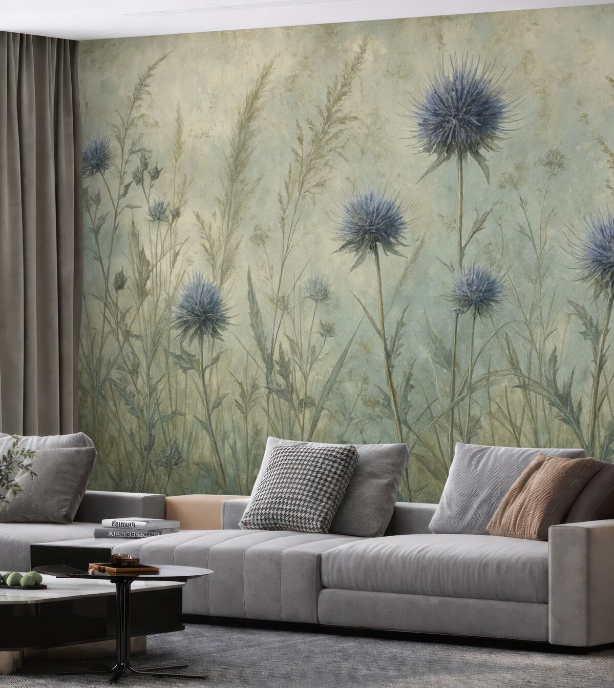 Fototapeta Łąka fioletowych kwiatów ostu z nieostrymi kwiatami i liśćmi na tkaninie o teksturze w stylu retro.