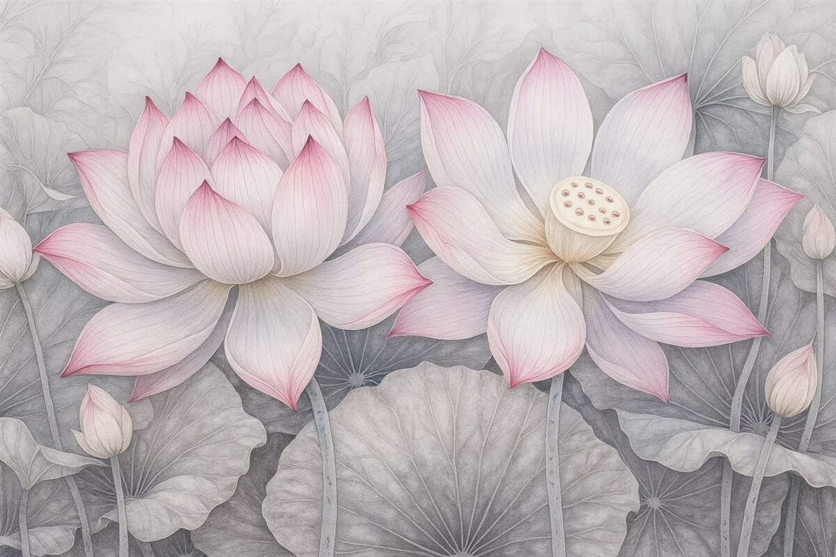 Fototapeta Kilka szczegółowo teksturowanych dużych różowych kwiatów lilii wodnej z szaro-zielonymi liśćmi i łodygami na jasnym tle.