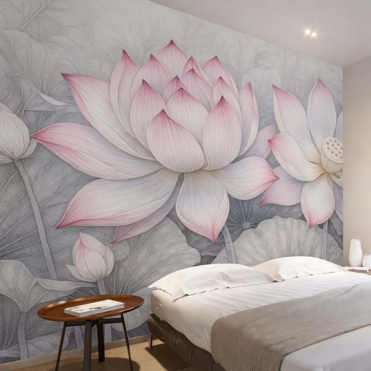 Fototapeta Kilka szczegółowo teksturowanych dużych różowych kwiatów lilii wodnej z szaro-zielonymi liśćmi i łodygami na jasnym tle.