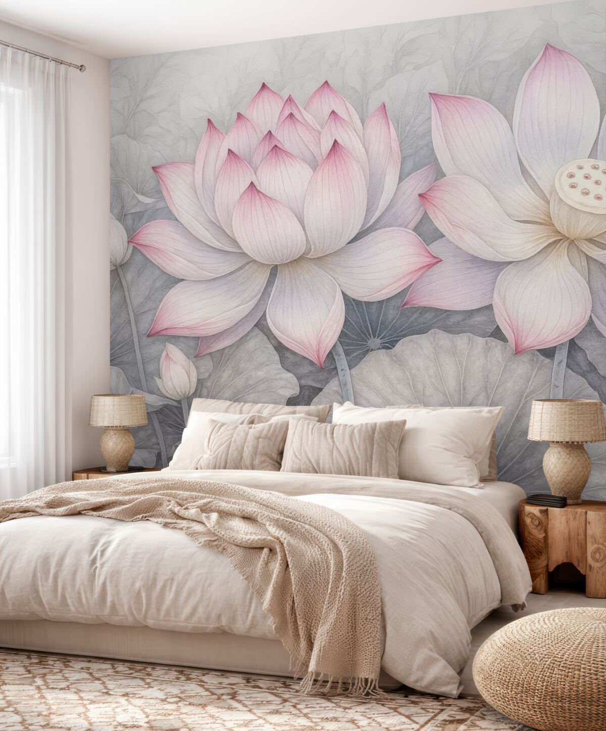 Fototapeta Kilka szczegółowo teksturowanych dużych różowych kwiatów lilii wodnej z szaro-zielonymi liśćmi i łodygami na jasnym tle.