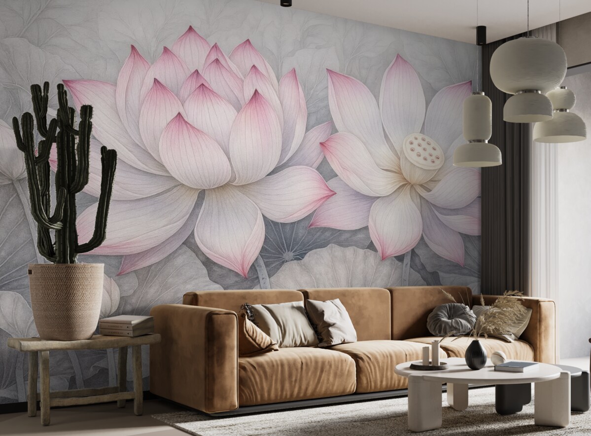 Fototapeta Kilka szczegółowo teksturowanych dużych różowych kwiatów lilii wodnej z szaro-zielonymi liśćmi i łodygami na jasnym tle.