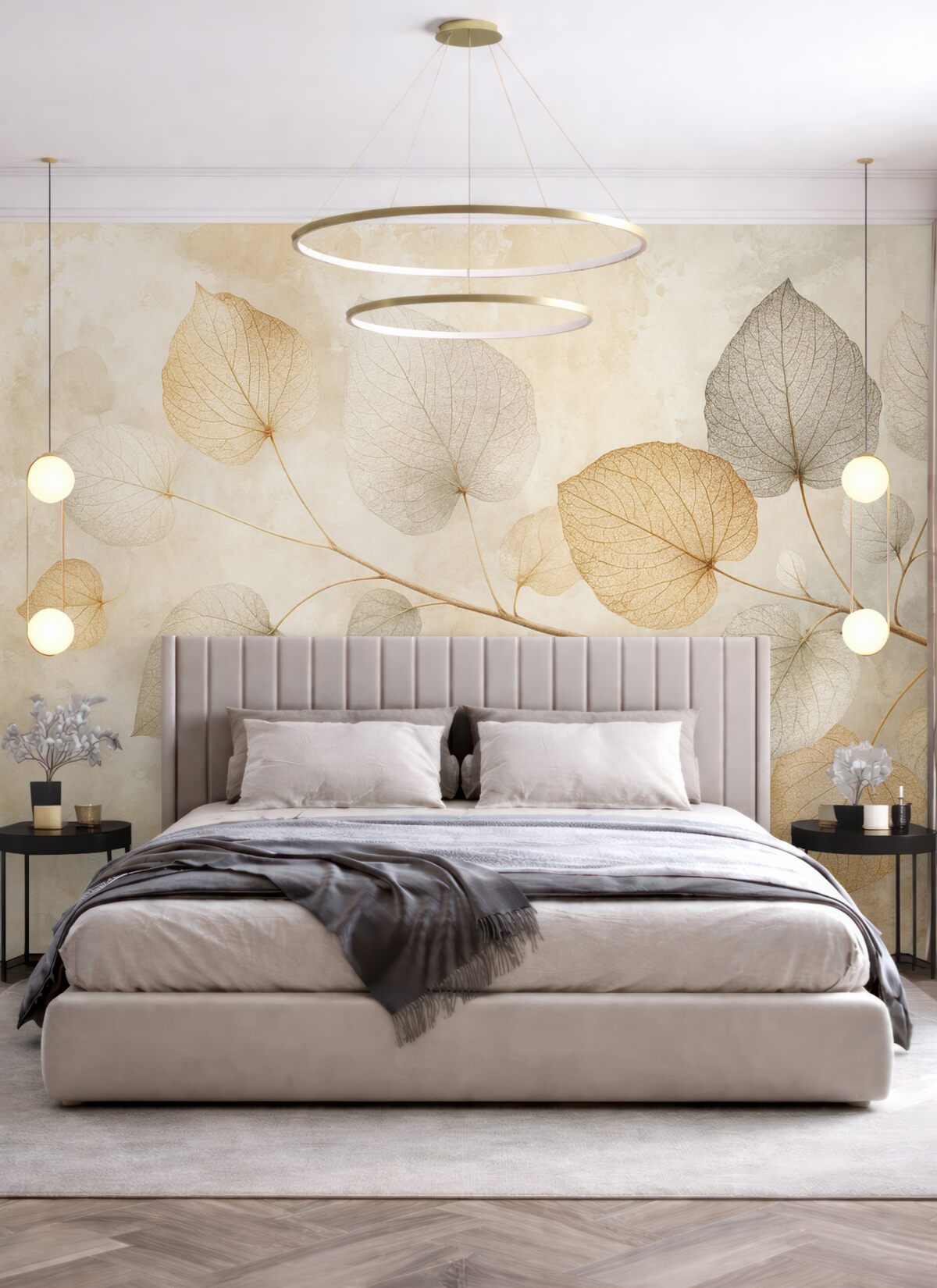 Fototapeta Subtelne liście z wyszukanymi żyłkami oraz delikatnymi, przytłumionymi odcieniami na jasnym, fakturowanym tle.