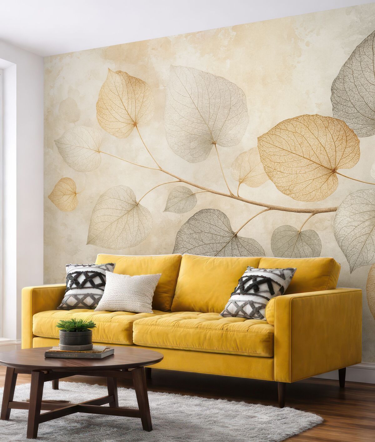 Fototapeta Subtelne liście z wyszukanymi żyłkami oraz delikatnymi, przytłumionymi odcieniami na jasnym, fakturowanym tle.