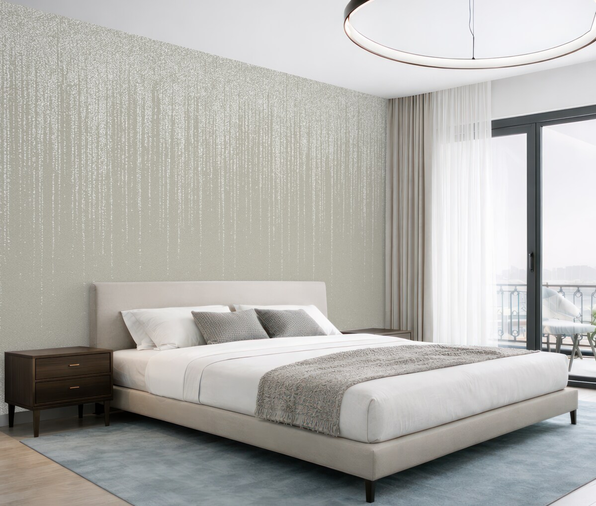 Fototapeta Pionowy, stylowy nadruk girlandy w kropeczki na beżowym, fakturowanym tle, dający poczucie głębi i dynamiki.