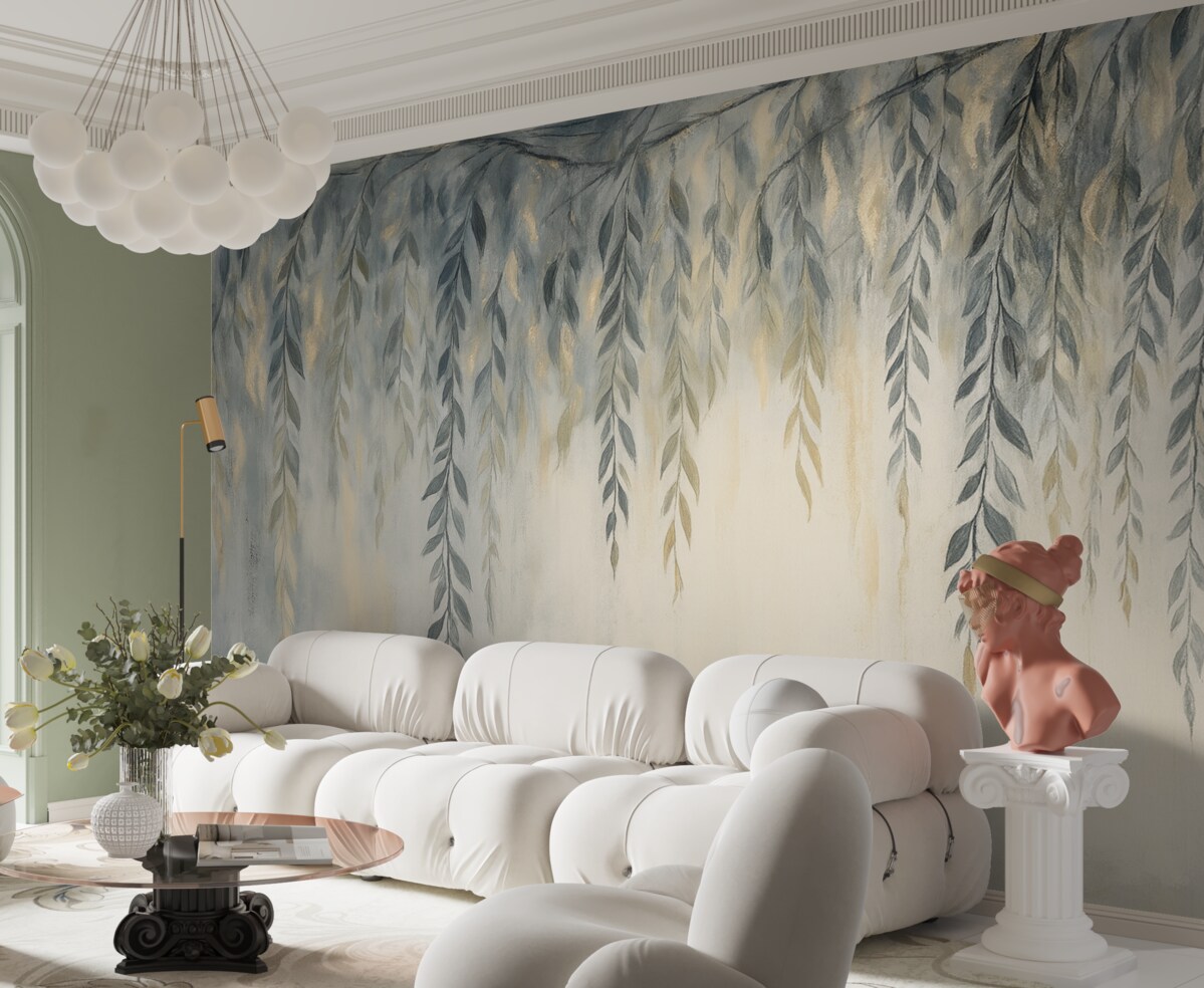 Fototapeta Gałęzie wierzby z subtelnymi liśćmi opadającymi w dół na miękkim, rozmytym, fakturowanym tle.