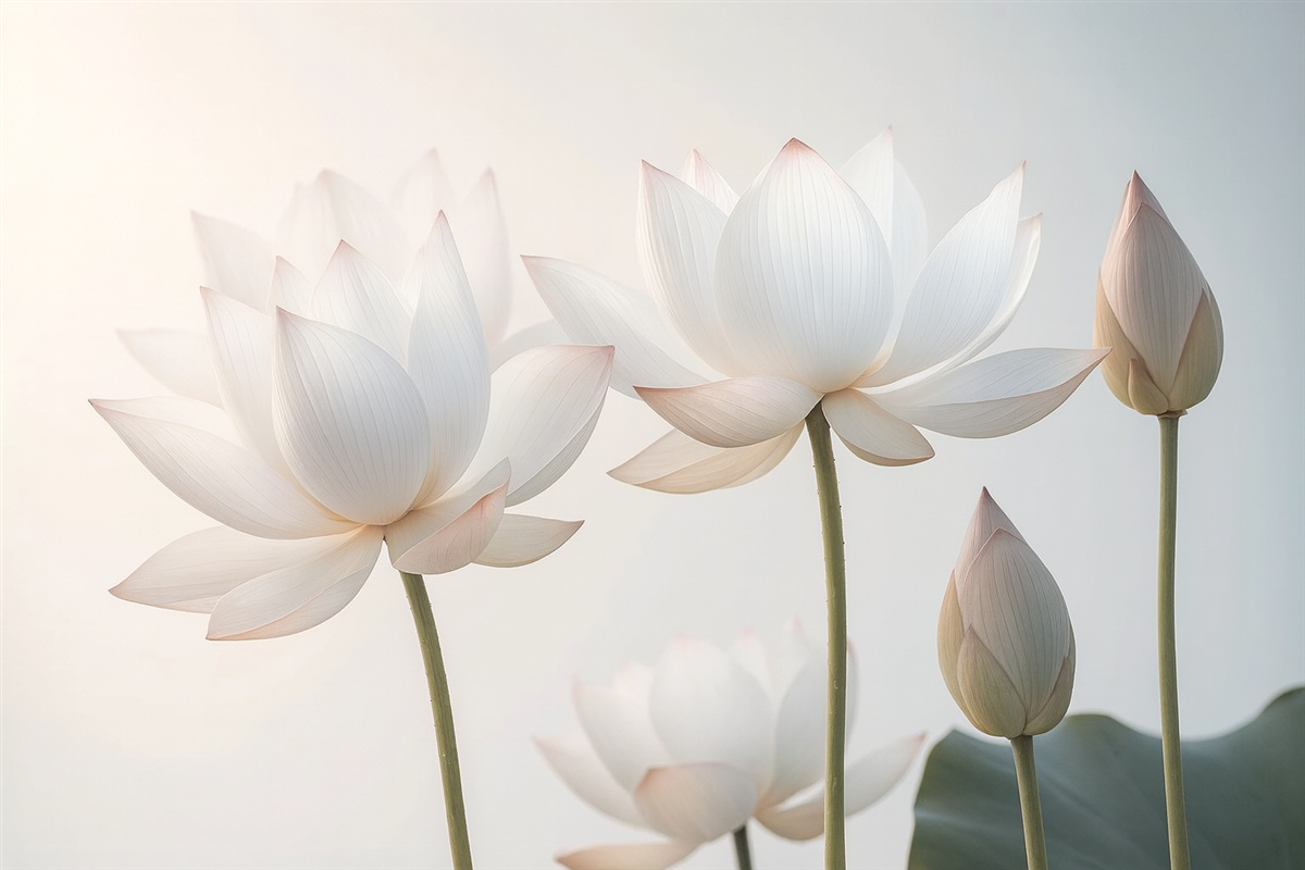 Fototapeta Wrażliwe kwiaty lotosu z liśćmi i płatkami.