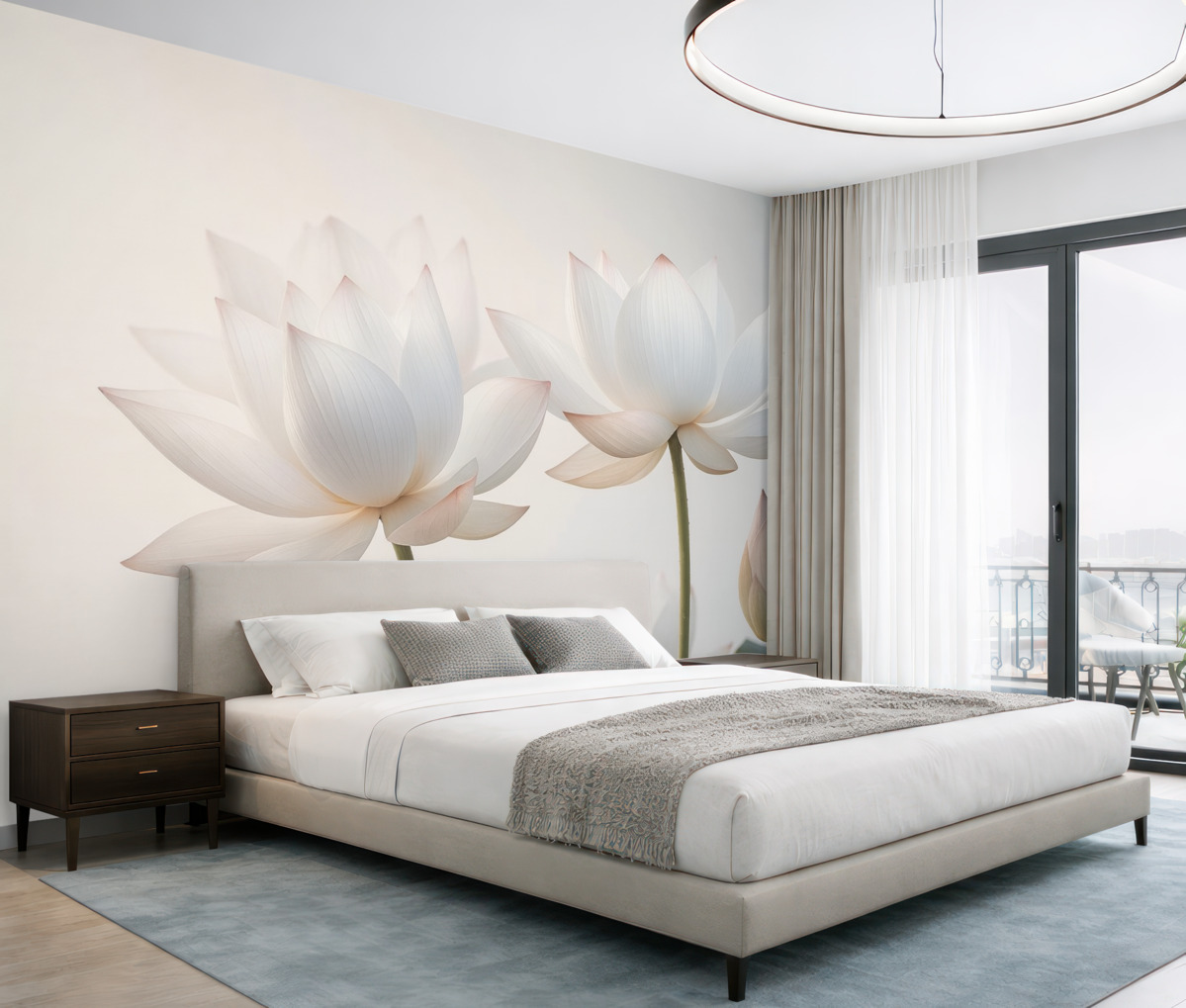 Fototapeta Wrażliwe kwiaty lotosu z liśćmi i płatkami.