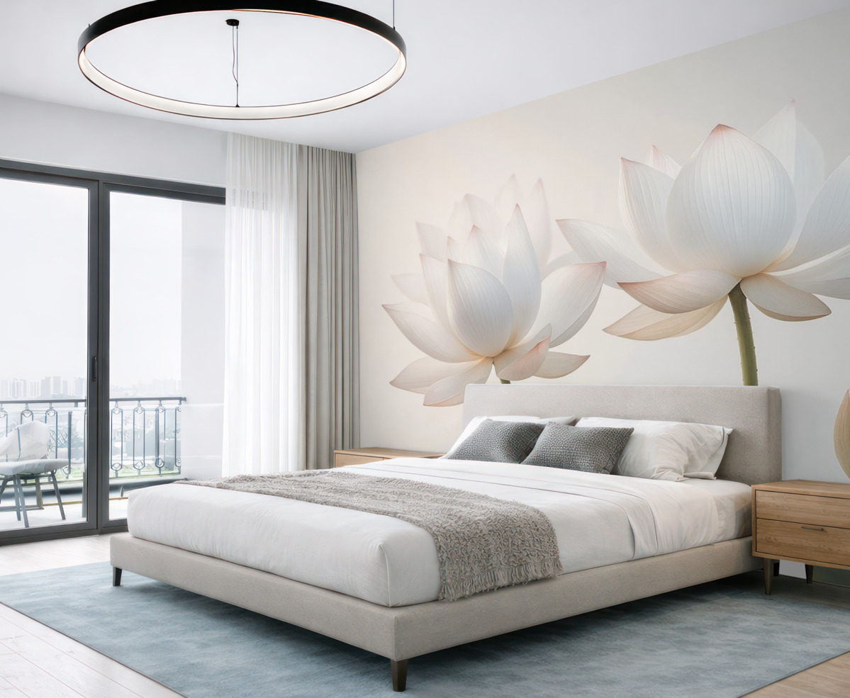 Fototapeta Wrażliwe kwiaty lotosu z liśćmi i płatkami.