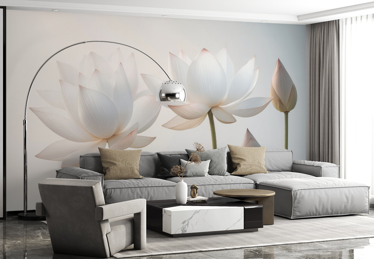 Fototapeta Wrażliwe kwiaty lotosu z liśćmi i płatkami.