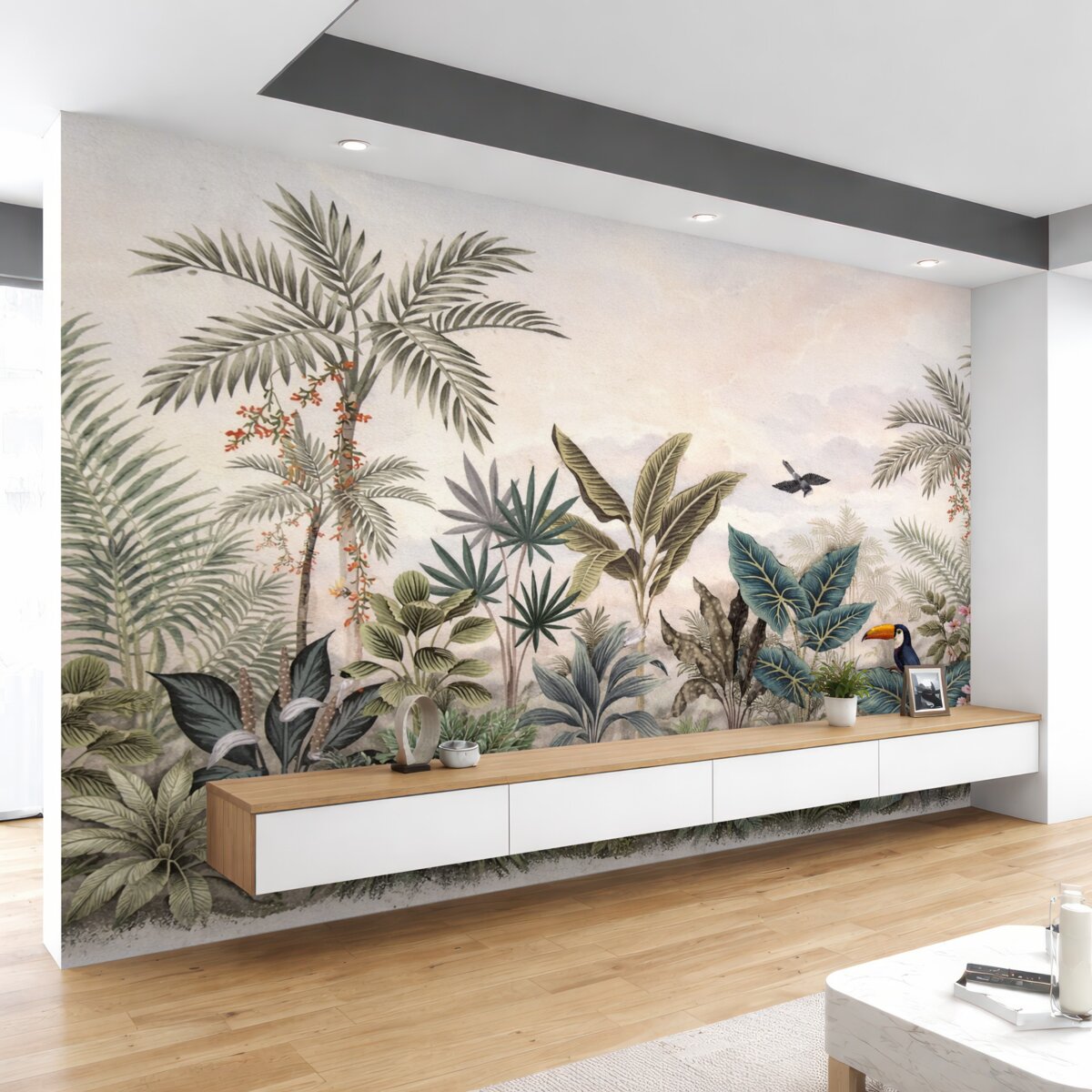 Fototapeta Tropikalna puszcza z palmami i barwnymi ptakami.