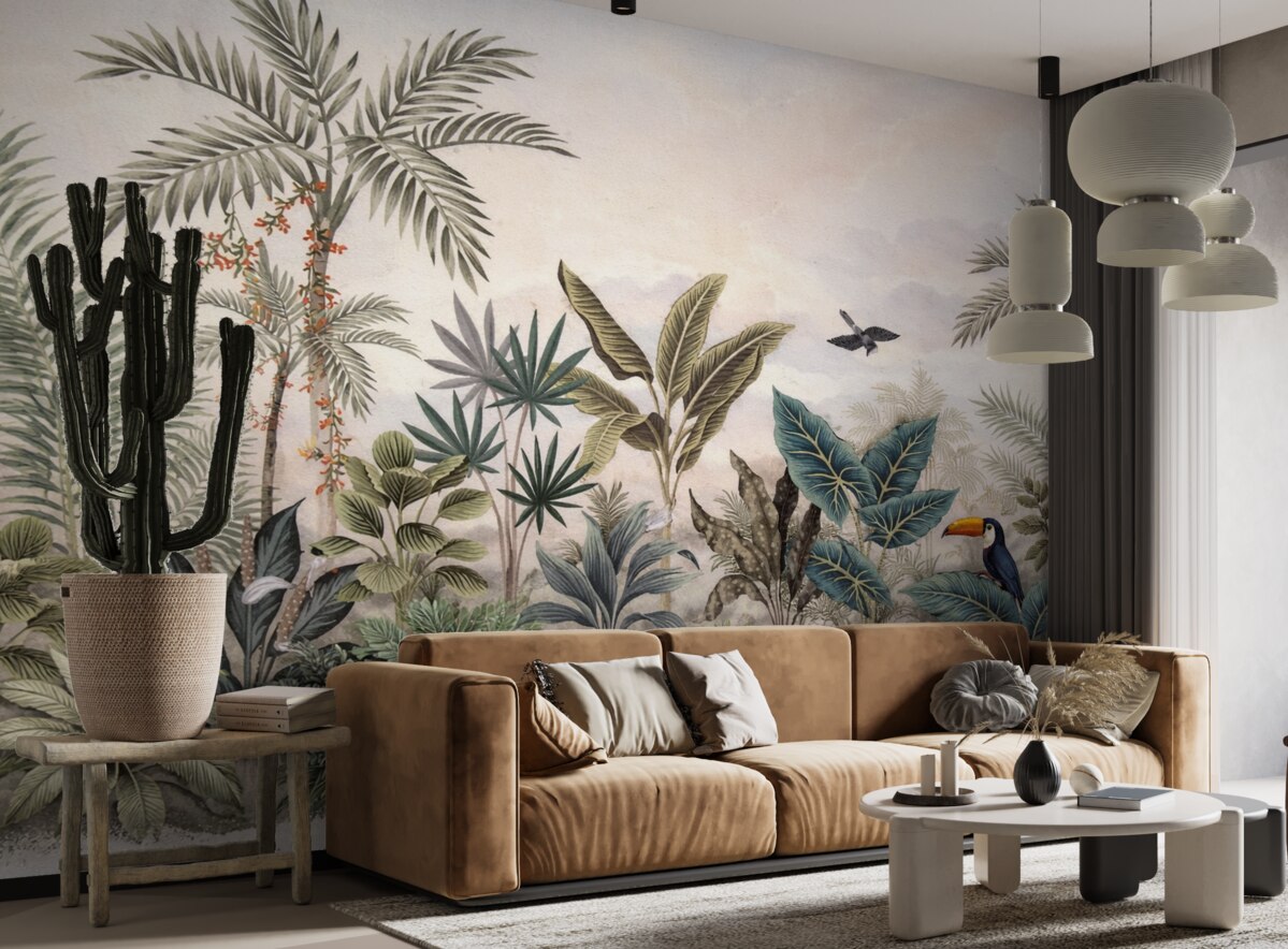 Fototapeta Tropikalna puszcza z palmami i barwnymi ptakami.