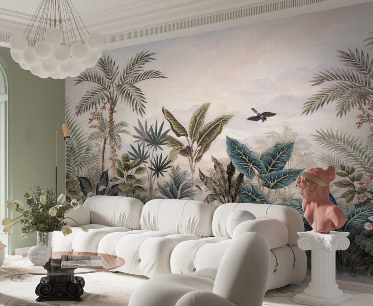 Fototapeta Tropikalna puszcza z palmami i barwnymi ptakami.