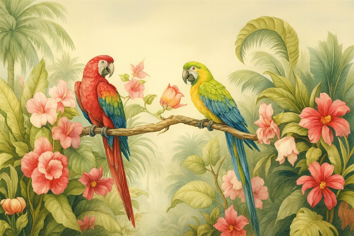 Fototapeta Dwa papugi w tropikalnych krzewach.