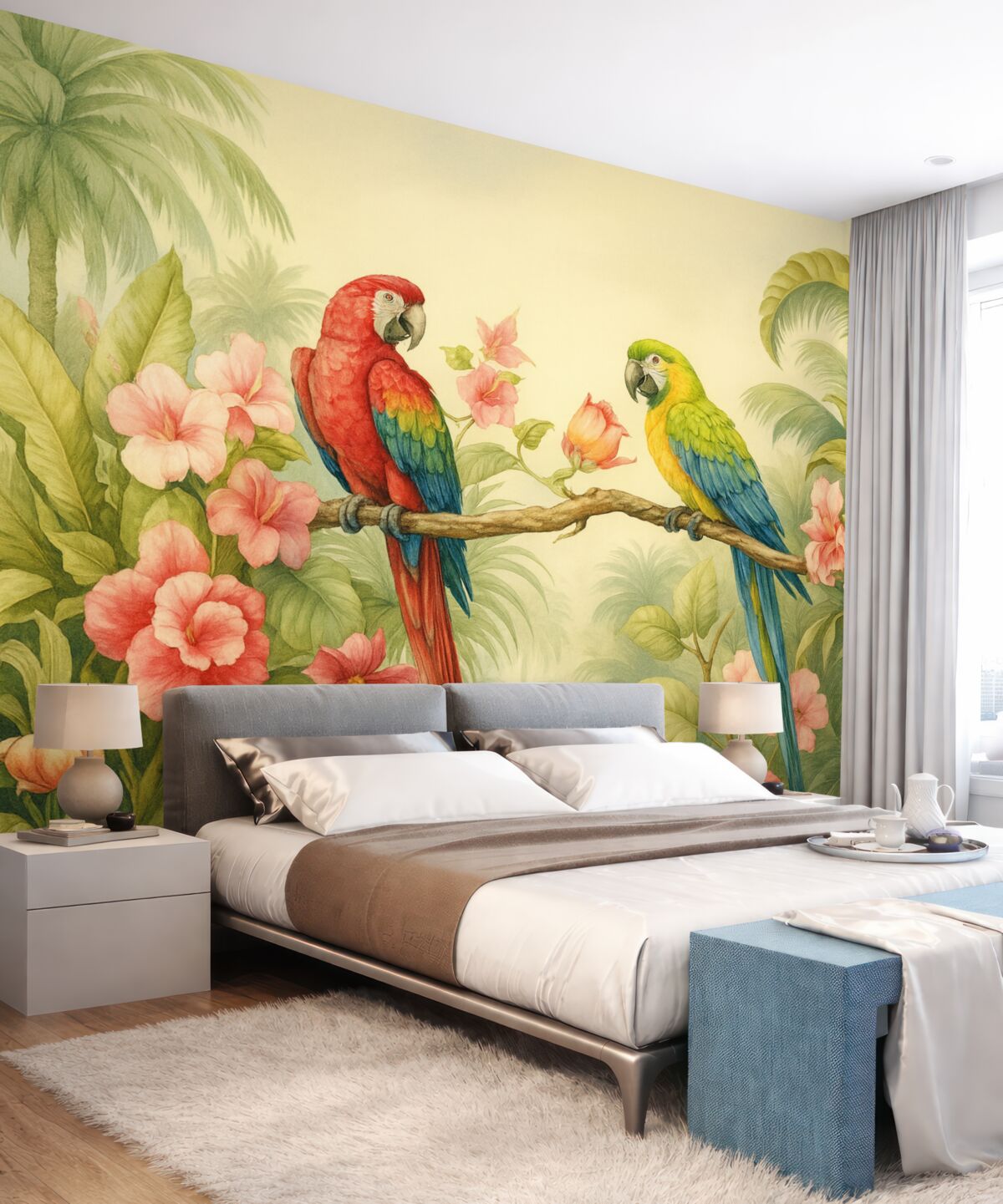 Fototapeta Dwa papugi w tropikalnych krzewach.