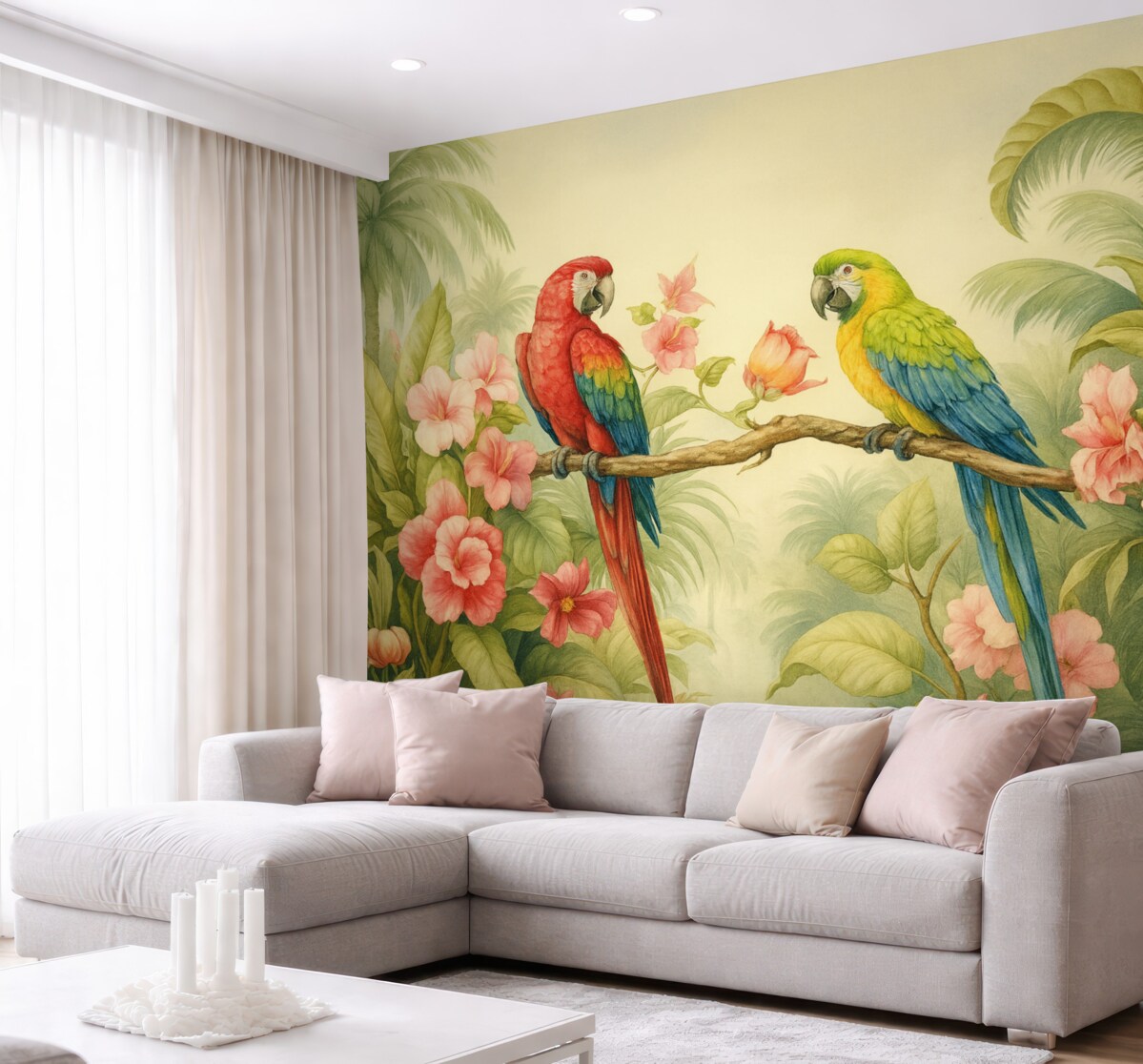 Fototapeta Dwa papugi w tropikalnych krzewach.