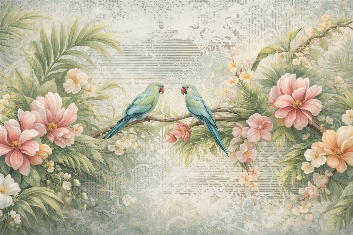 Fototapeta Papugi w tropikalnych krzewach.