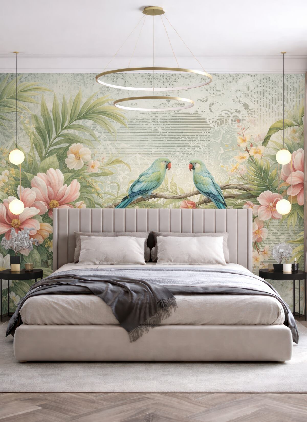 Fototapeta Papugi w tropikalnych krzewach.