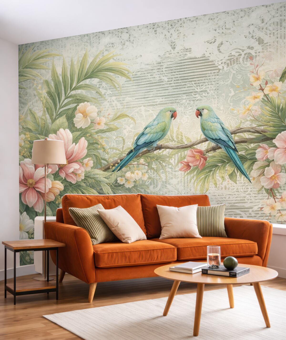 Fototapeta Papugi w tropikalnych krzewach.