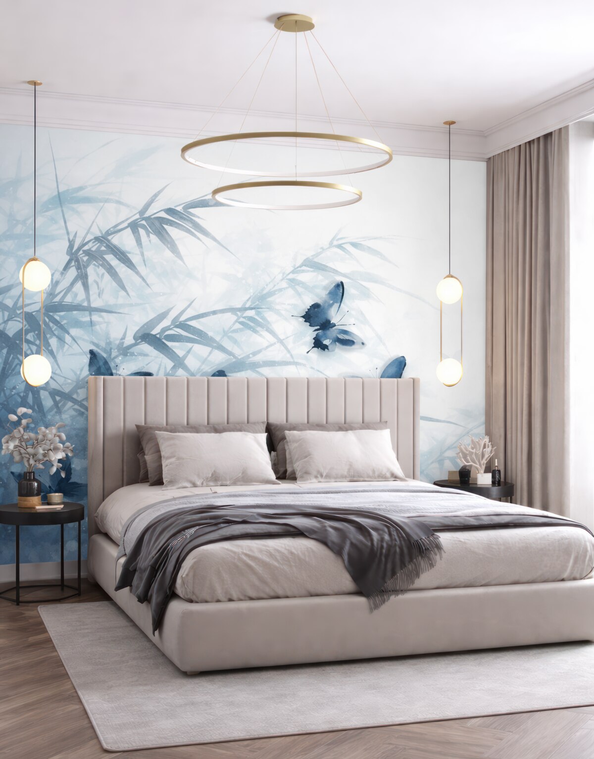 Fototapeta Liście i łodygi bambusa o teksturowanej powierzchni z fruwającymi niebieskimi motylami z przezroczystymi skrzydłami.