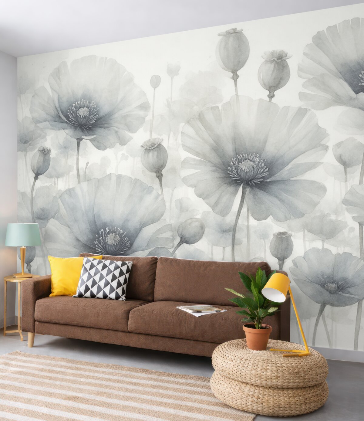 Fototapeta Subtelne teksturowane szare i białe kwiaty w stylu grunge z delikatnymi, rozmytymi płatkami na jasnym tle.