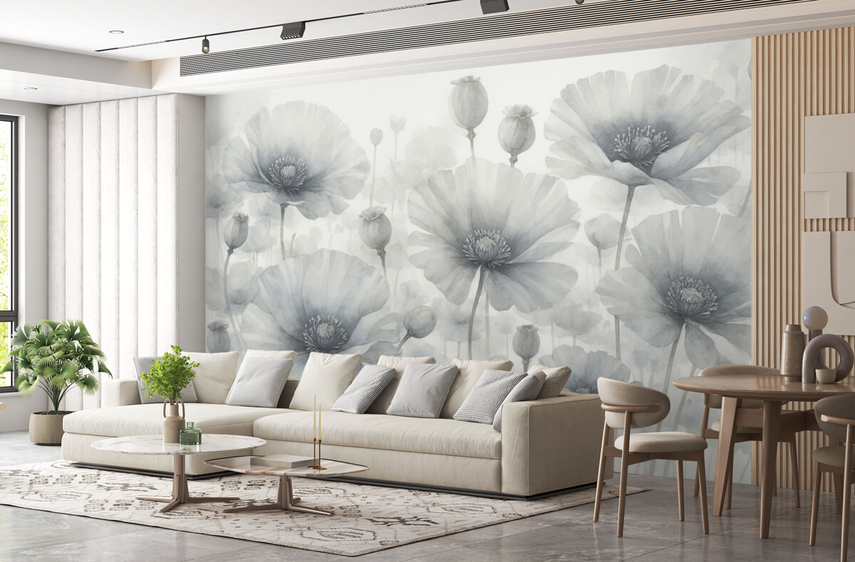 Fototapeta Subtelne teksturowane szare i białe kwiaty w stylu grunge z delikatnymi, rozmytymi płatkami na jasnym tle.