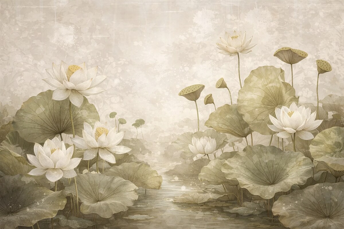 Fototapeta Łąka białych kwiatów lotosu z dużymi zielonymi liśćmi na delikatnym, zamglonym, teksturowanym beżowym tle.