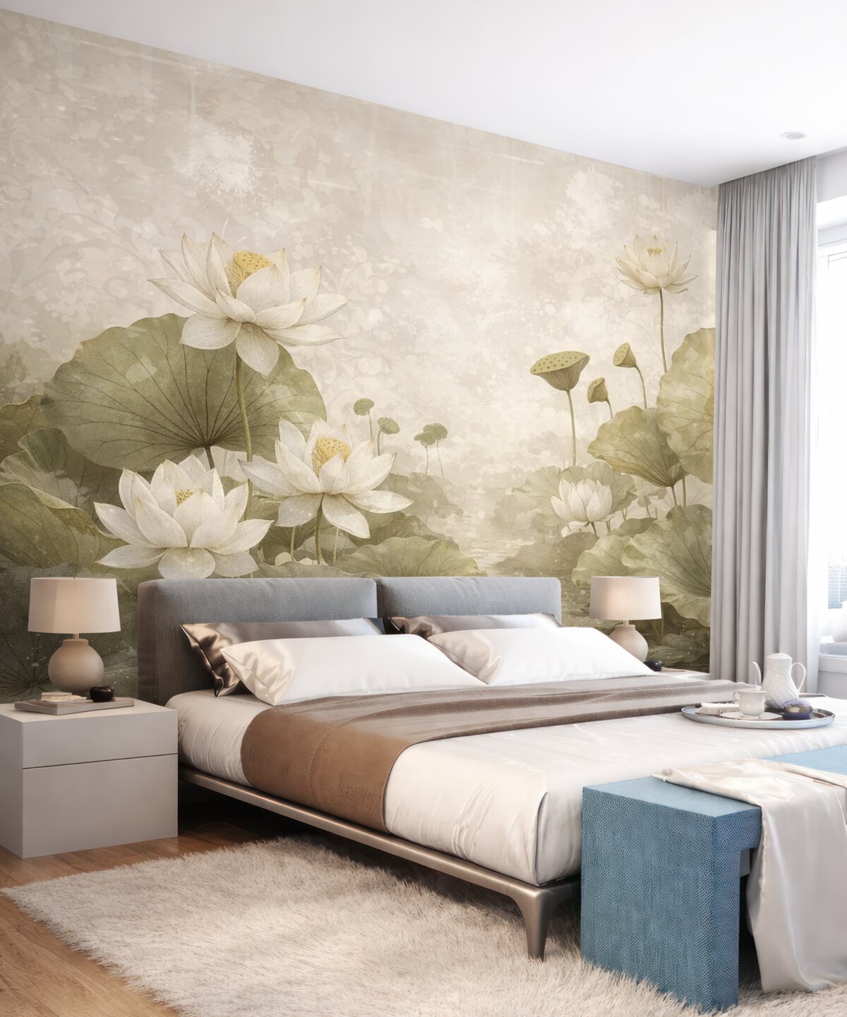 Fototapeta Łąka białych kwiatów lotosu z dużymi zielonymi liśćmi na delikatnym, zamglonym, teksturowanym beżowym tle.