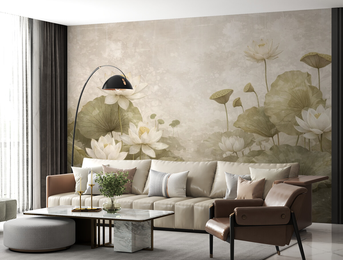 Fototapeta Łąka białych kwiatów lotosu z dużymi zielonymi liśćmi na delikatnym, zamglonym, teksturowanym beżowym tle.