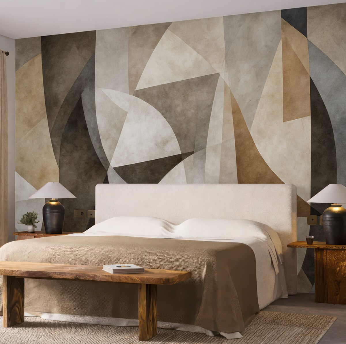 Fototapeta Abstrakcyjna sztuka współczesna, teksturowane geometrystyczne formy w odcieniach brązu, szarości i beżu.