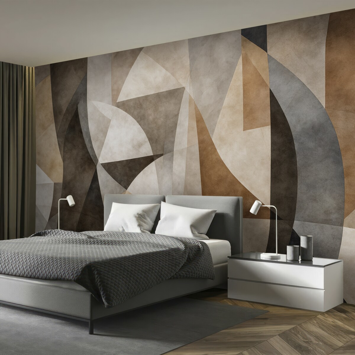 Fototapeta Abstrakcyjna sztuka współczesna, teksturowane geometrystyczne formy w odcieniach brązu, szarości i beżu.