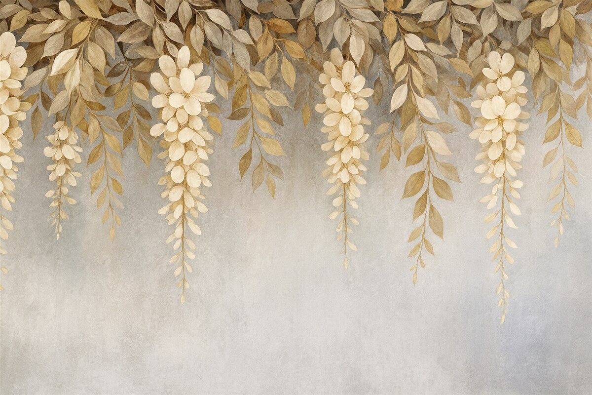 Fototapeta Kruche białe oraz jasnobeżowe kwiaty glicynii z liśćmi opadającymi kaskadowo w dół na delikatnym szarym tle.