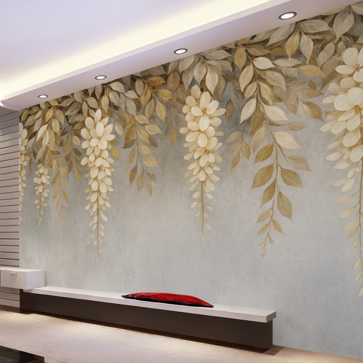 Fototapeta Kruche białe oraz jasnobeżowe kwiaty glicynii z liśćmi opadającymi kaskadowo w dół na delikatnym szarym tle.